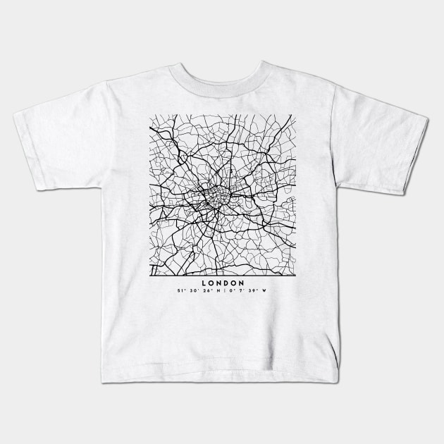 LONDON ENGLAND BLACK CITY STREET MAP ART Kids T-Shirt by deificusArt